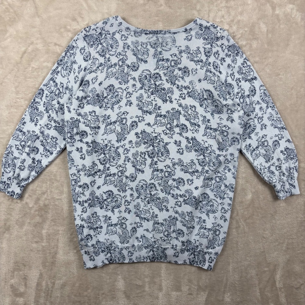 ModCloth Sweater Womens XL Blue Cat Floral Toile Print Crewneck Lightweight - Picture 2 of 8